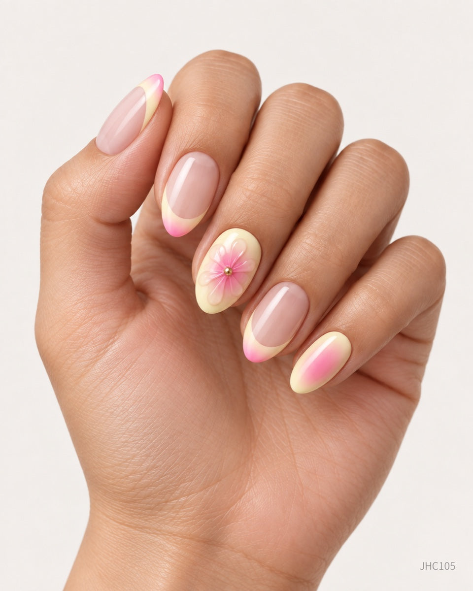 Yellow Pink Floral French – medium almond
