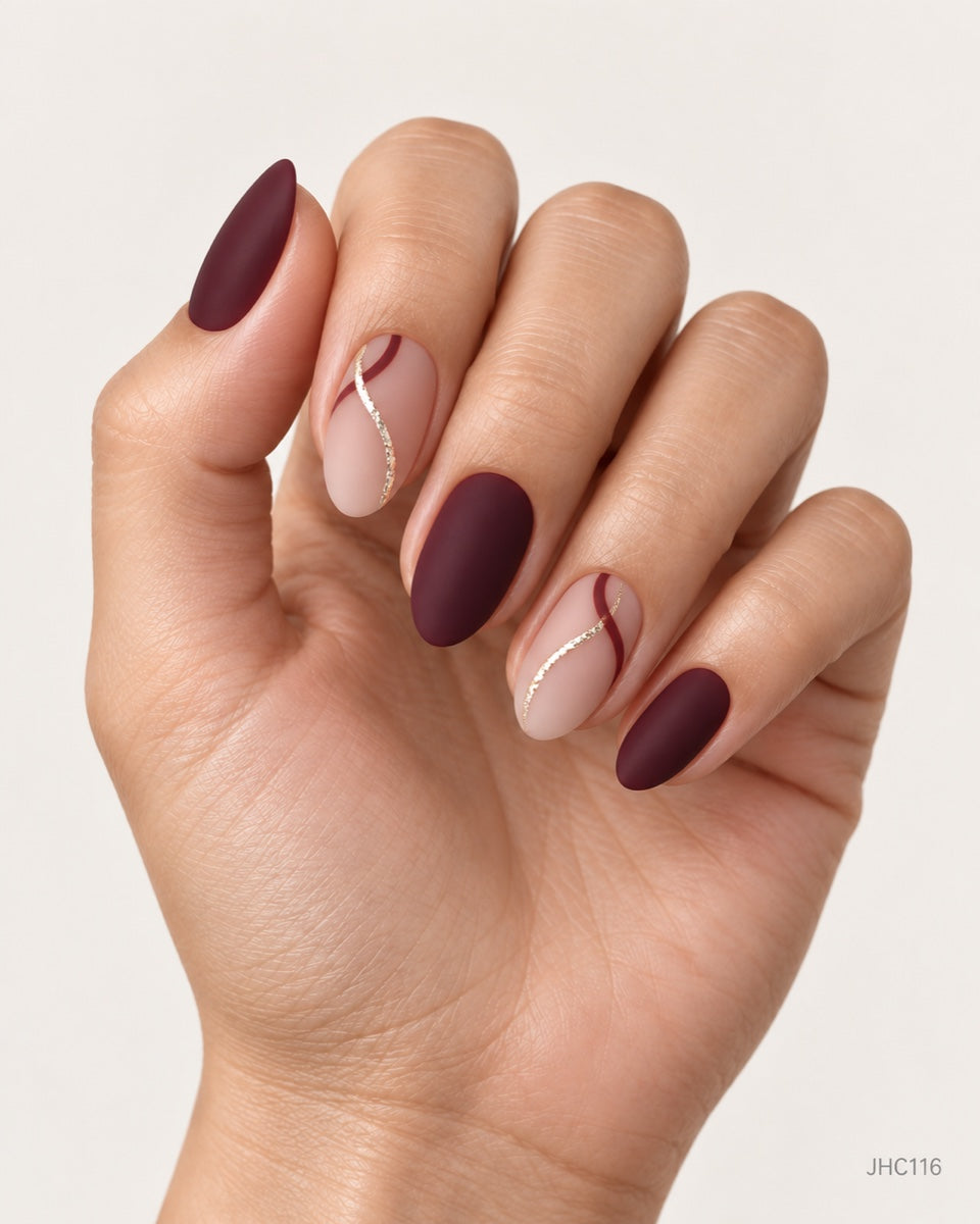Matte Burgundy & Gold – medium almond