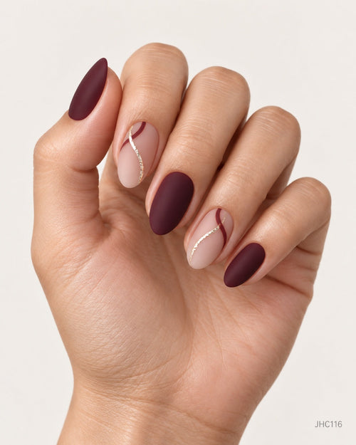Matte Burgundy & Gold – medium almond