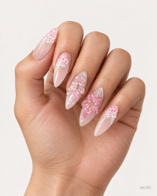 Pink Bow & Florals – long almond