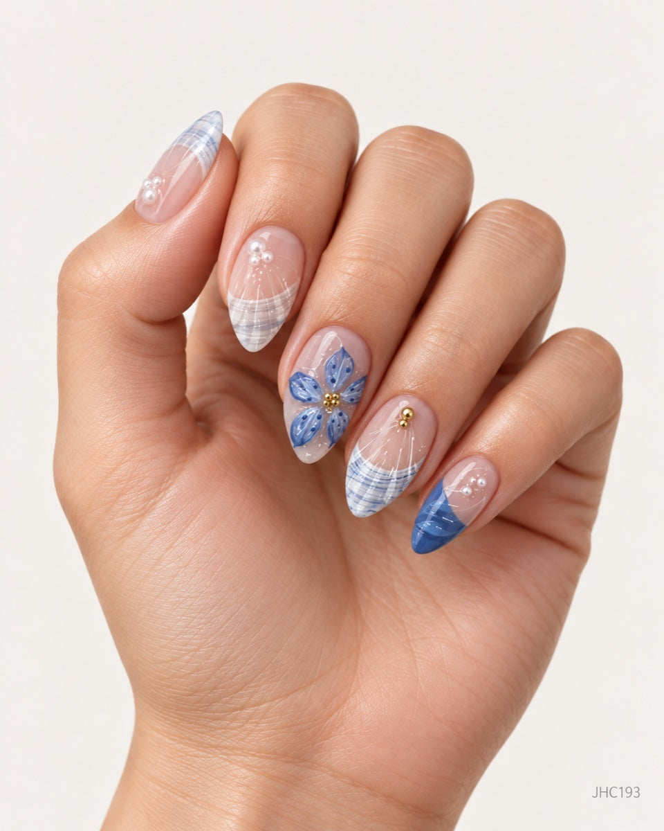 Blue Florals & Shell Pattern – long almond