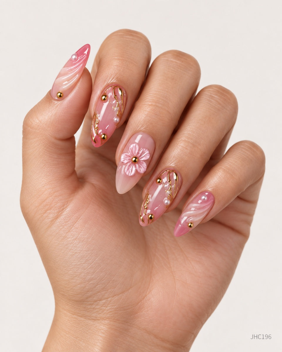 Pink Florals & Gold – long almond