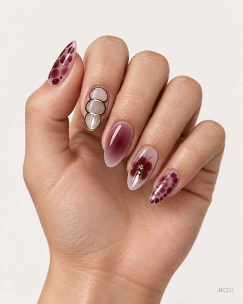 Burgundy & Gold Details – medium almond