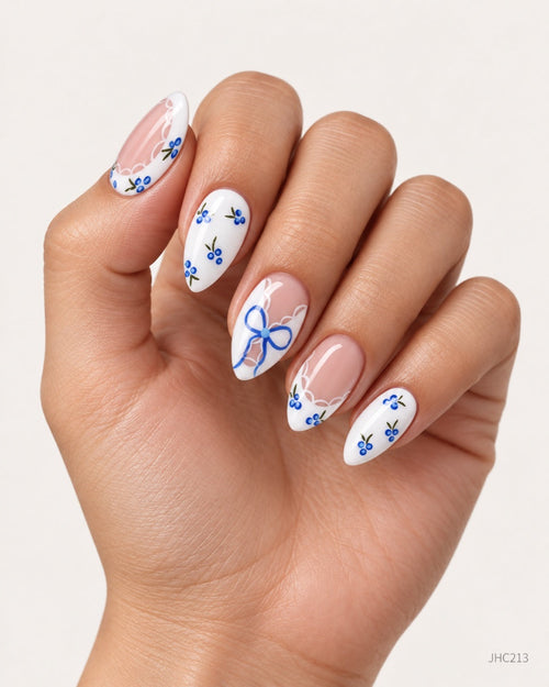 Blue Florals & Bows – medium almond